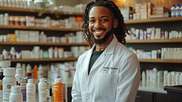 Smiling pharmacist standing in front of shelves with medicine in a pharmacy.