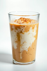 A clear glass holds a refreshing iced coffee drink, generously topped with whipped cream and finely crushed nuts for added texture and flavor enhancement