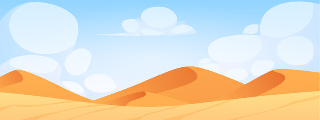 Vector illustration a desert with sand dunes on a background of blue sky and clouds