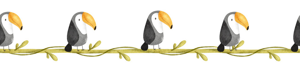 Toucans sitting on liana. Baby banner of African jungle birds. Hand drawn isolated watercolor seamless border for design kid's goods, cards, stationery, fabric, scrapbook