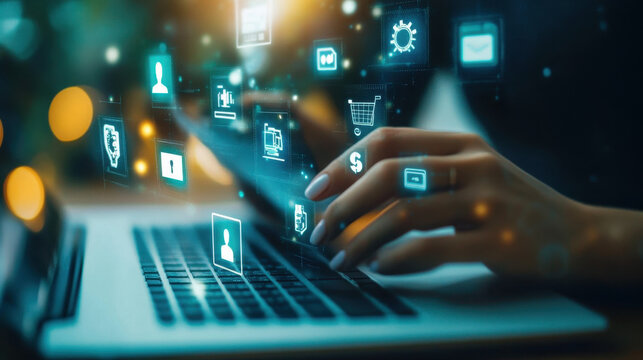 Exploring digital finance through dynamic graphs and currency symbols on a laptop at dusk