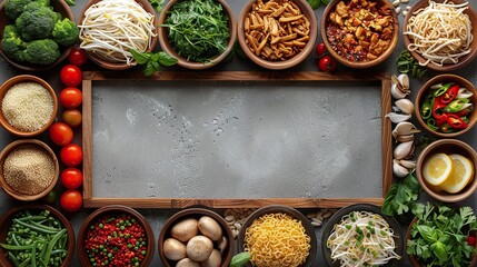 Assorted Asian ingredients including vegetables, noodles, herbs, spices, and mushrooms arranged in a wooden frame layout on a rustic background, colorful ingredients, copy space for text.

