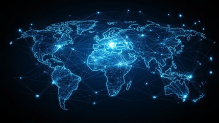 Global Network Map with Illuminated Continents and Interconnected Lines