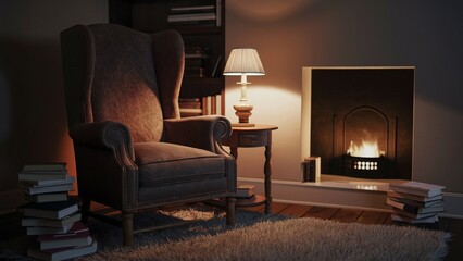 Cozy Reading Nook by the Fireplace