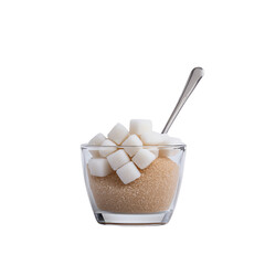 Sugar bowl with brown and white sugar cubes. transparent background