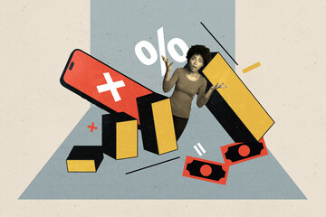 Creative collage picture young woman economy recession online trader smartphone banknotes finance...