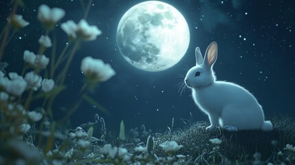 A white rabbit gazes at a large, bright moon among blooming flowers under a starry night sky