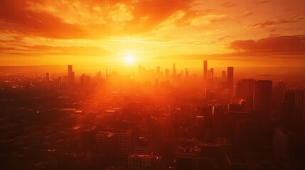 Aerial view of a city skyline during sunset with glowing orange skies.