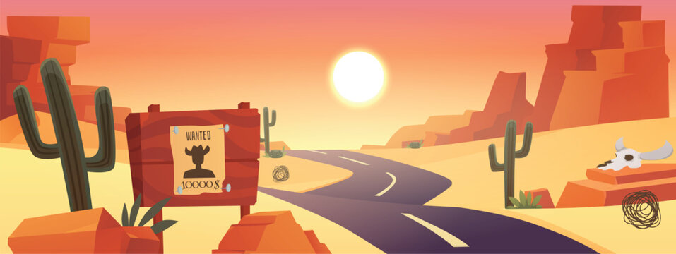 Desert landscape with golden sand dunes, mountains cactus, wanted ad on the road, vector hot sun wild dry African nature