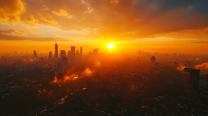 Obraz premium Aerial view of a city skyline during sunset with glowing orange skies.