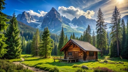 Wooden Cabin in Lush Green Forest Clearing with Mountain Backdrop - Tranquil Retreat