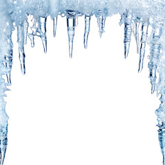 Detailed icicles with snow and ice hanging from edge isolated on transparent background, winter frost effect