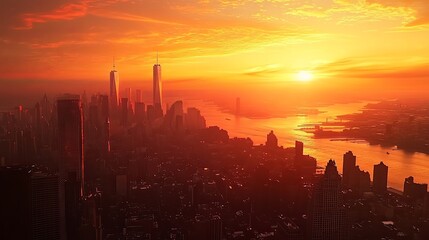 Fototapeta premium Aerial view of a city skyline during sunset with glowing orange skies.