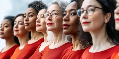 group of women of different ethnicity, aligned, looking at someone, listening, all wearing red t-shirts,