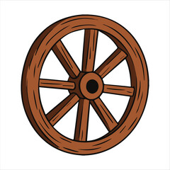 Obraz premium Cartoon illustration of an old, cracked wooden cart wheel.
