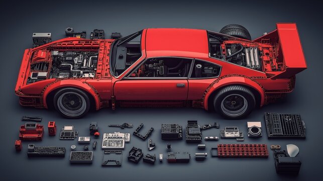 A highly detailed technical view of a dismantled car, showcasing its individual components and mechanical structure, symbolizing advanced automotive engineering and innovation, Gnerative Ai