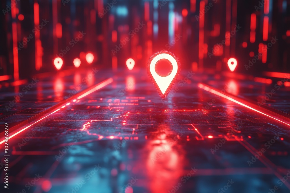 Poster futuristic map interface, shimmering location pins on a holographic map in a modern space with sleek