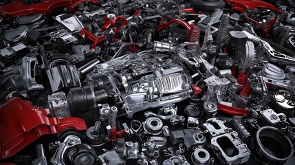 Fototapeta premium A highly detailed technical view of a dismantled car, showcasing its individual components and mechanical structure, symbolizing advanced automotive engineering and innovation, Gnerative Ai