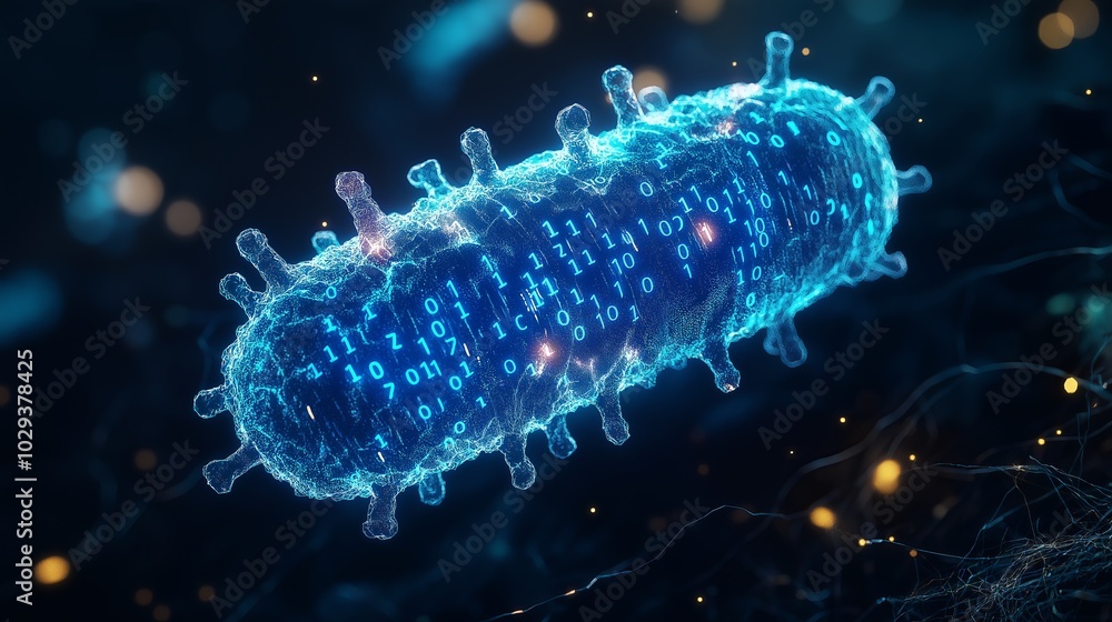 Aufkleber a futuristic digital virus shaped like a glowing bacterium with binary code, representing the risks 