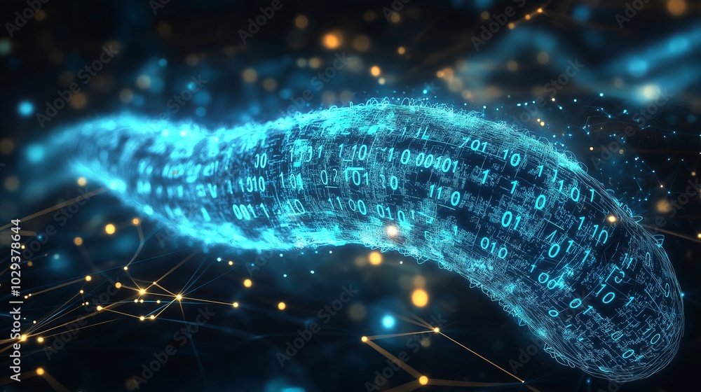 Aufkleber A glowing digital data worm floating through a network, symbolizing the flow of binary code and the potential threats of cyber security breaches in futuristic technology, Gnerative Ai