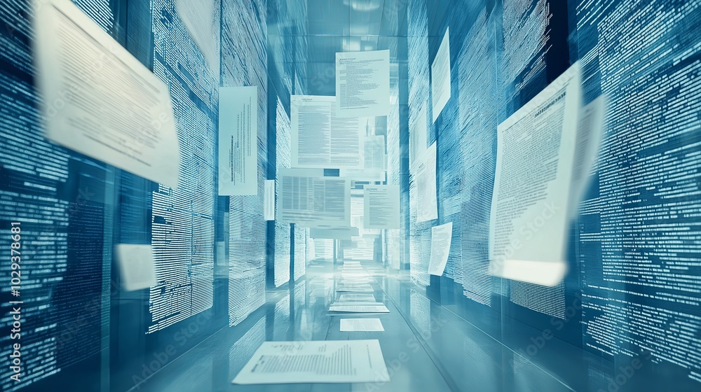 Poster abstract futuristic city with blue glowing data streams rushing through the urban landscape, represe