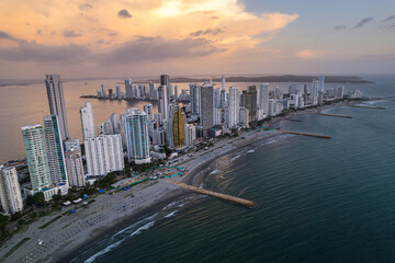 Fototapeta premium Beautiful aerial view of Bocagrande Hotel area in the upmarket area popular for its long, sandy beaches backed by palm-lined promenades0 Cartagena Colombia