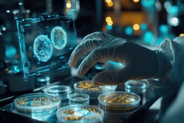 Obraz premium A scientist in a laboratory analyzing cell samples with a futuristic touchscreen interface in a vibrant, high-tech environment.