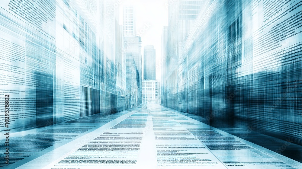 Poster abstract futuristic city with blue glowing data streams rushing through the urban landscape, represe