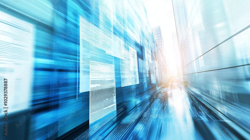 Poster abstract futuristic city with blue glowing data streams rushing through the urban landscape, represe