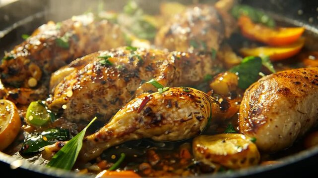 Chicken thighs simmering in a sauce with vegetables and herbs