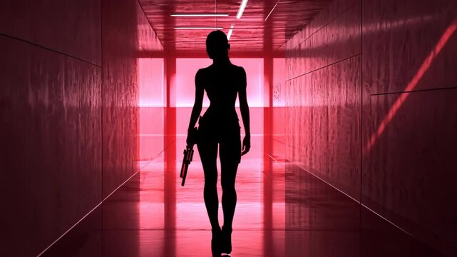 A woman walks through a red-lit hallway holding a gun