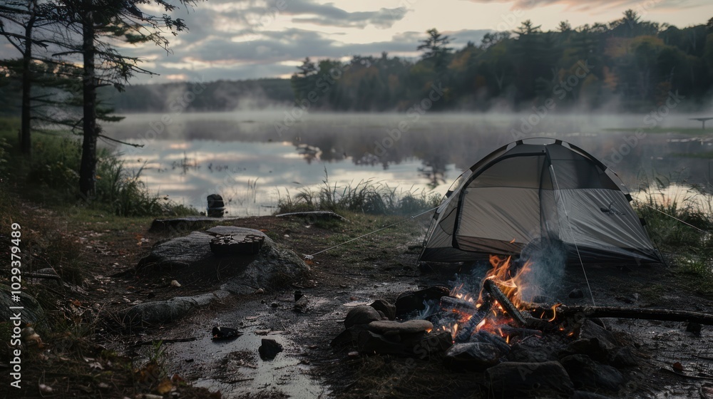 Sticker Campsite by a Foggy Lake with a Campfire