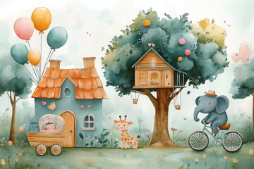 Beautiful kid mural with composition of watercolor hand drawn tree houses and cute forest animals. Stock childish illustration.