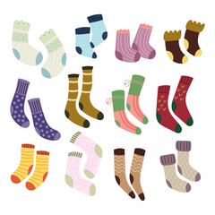 Socks. Set cozy different winter and autumn socks. Warm seasonal clothes. Flat illustration on a white background.