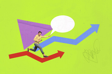 Composite trend artwork sketch image collage of trader business success achieve goal target arrow young guy run speech cloud smartphone