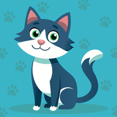 Funny cat sitting. Cute cartoon cool character. Portrait of adorable little stray cat. Vector illustration character design with flat color.