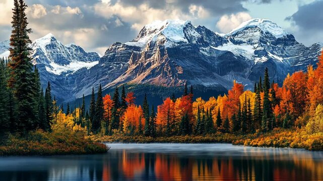 A calm lake reflects the vibrant fall colors of the trees and the snowy peaks of the mountains in the distance