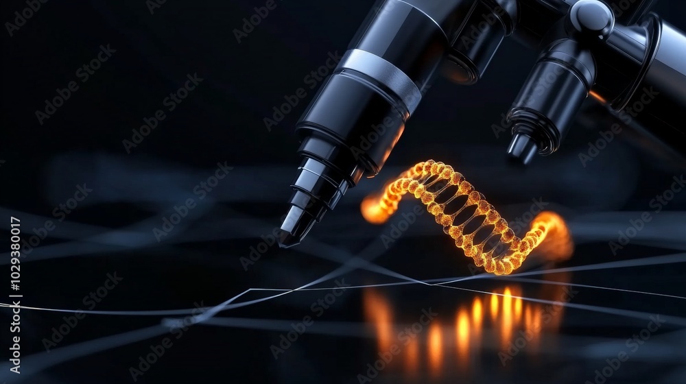 Poster microscope dna research: a close-up view of a sophisticated microscope examining a glowing strand of