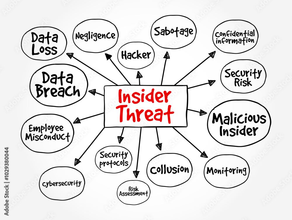 Poster insider threat - a security risk that originates from within an organization, mind map text concept 