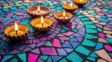 Lit diyas arranged on colorful mosaic tiles during Diwali celebration