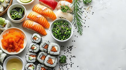 Assortment of sushi rolls, nigiri, sashimi, seaweed salad, wasabi, soy sauce, and garnishes arranged on a light background, traditional Japanese cuisine, seafood platter, copy space.

