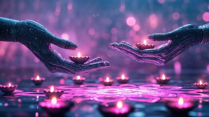 Two robotic hands exchanging lit diyas in a digital Diwali celebration