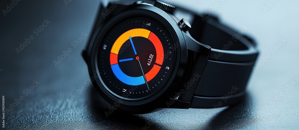 Poster a sleek black smartwatch displaying a colorful circular interface on a dark surface.