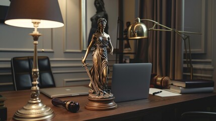 A Lady Justice Statue on a Lawyer's Desk with a Laptop, Gavel, and Books