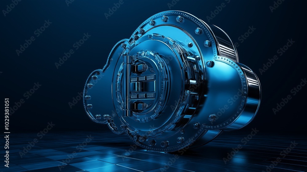 Fototapete A metallic cloud-shaped lock representing data security and encryption in the digital age, symbolizing protection and privacy in cloud storage technology, Generative Ai