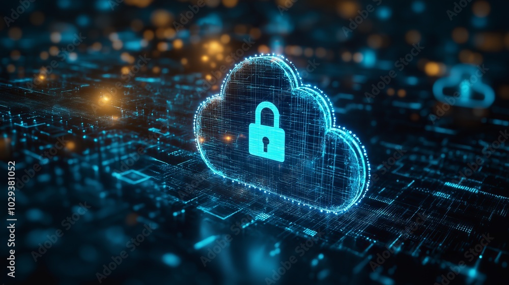 Aufkleber A metallic cloud-shaped lock representing data security and encryption in the digital age, symbolizing protection and privacy in cloud storage technology, Generative Ai