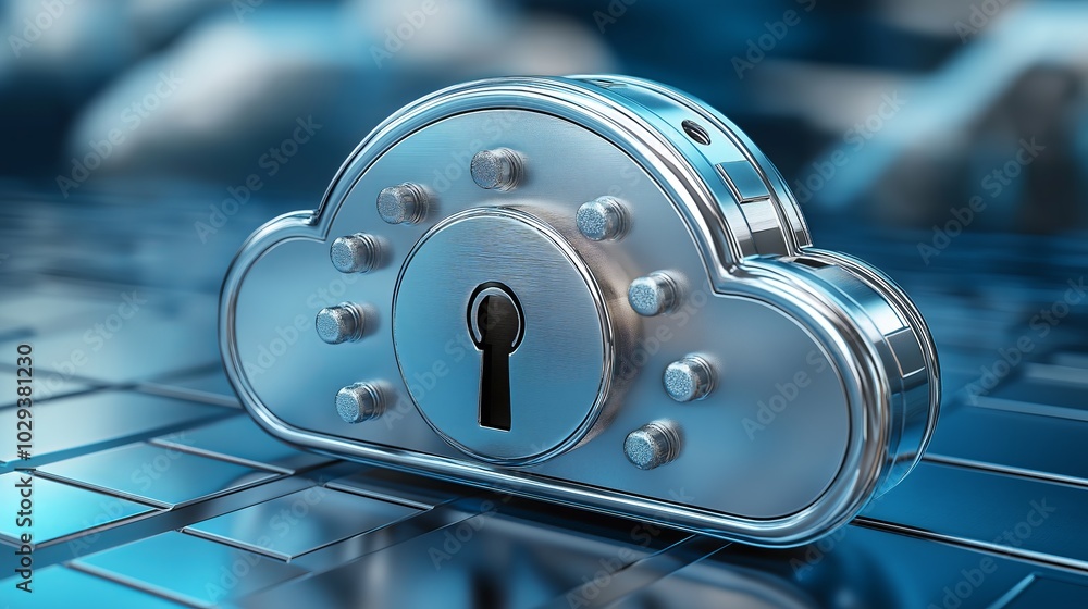 Poster A metallic cloud-shaped lock representing data security and encryption in the digital age, symbolizing protection and privacy in cloud storage technology, Generative Ai