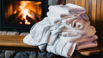 Naklejka premium Cozy Setting with Freshly Laundered Towels by the Fireplace