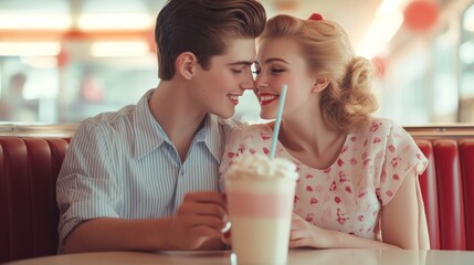A romantic 1950s couple sharing a milkshake in a cozy retro diner with Valentine's decorations