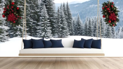 A welcoming winter porch showcases a large swing sofa adorned with soft pillows, surrounded by elegant garland and a beautifully decorated Christmas tree